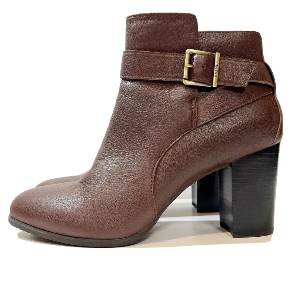 Vionic Alison Brown Leather Buckle Block Heel Ankle Boots Size US 10
